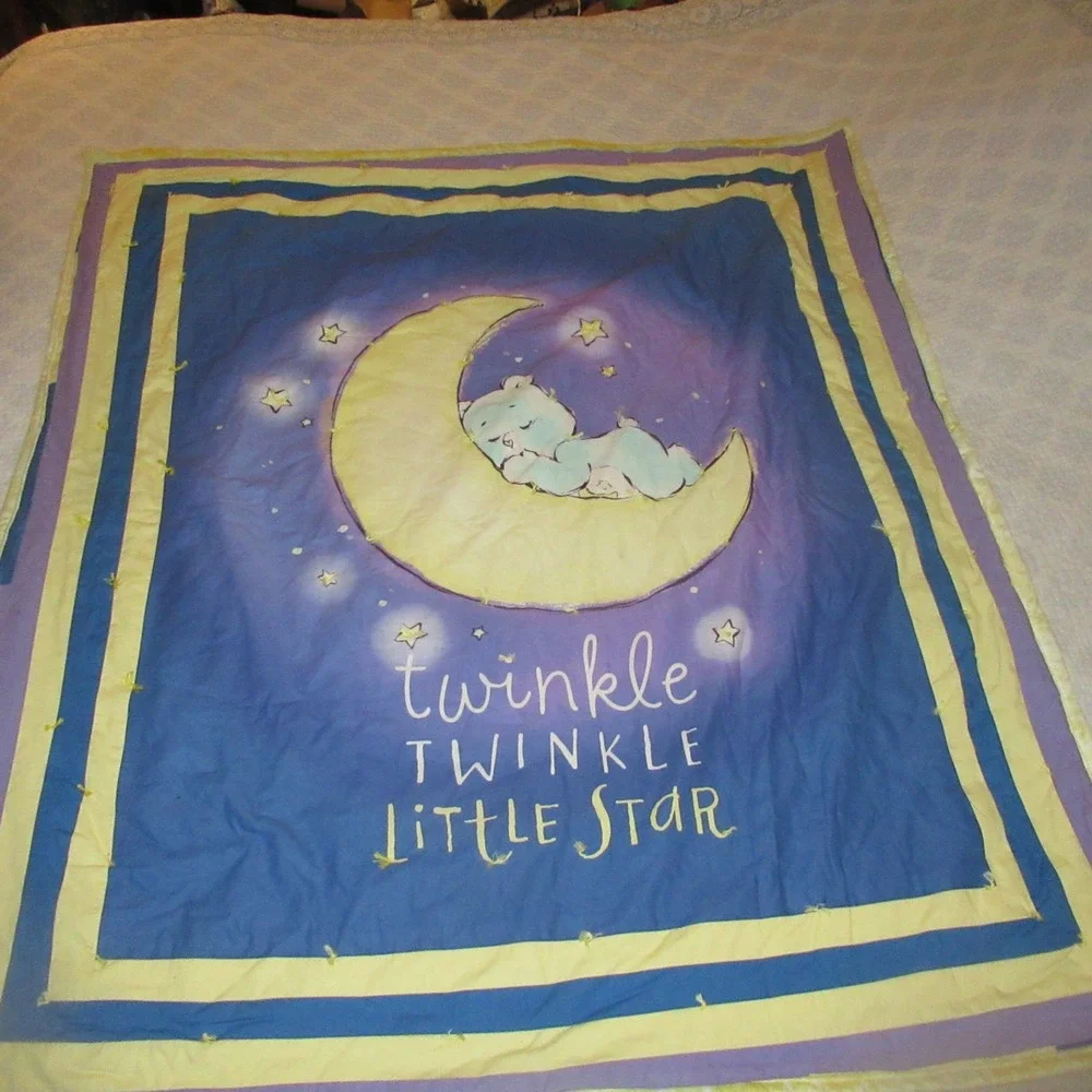 Vtg Twinkle Little Star Care bears Quilt Toddler 46x54 Blue Yellow Celestial